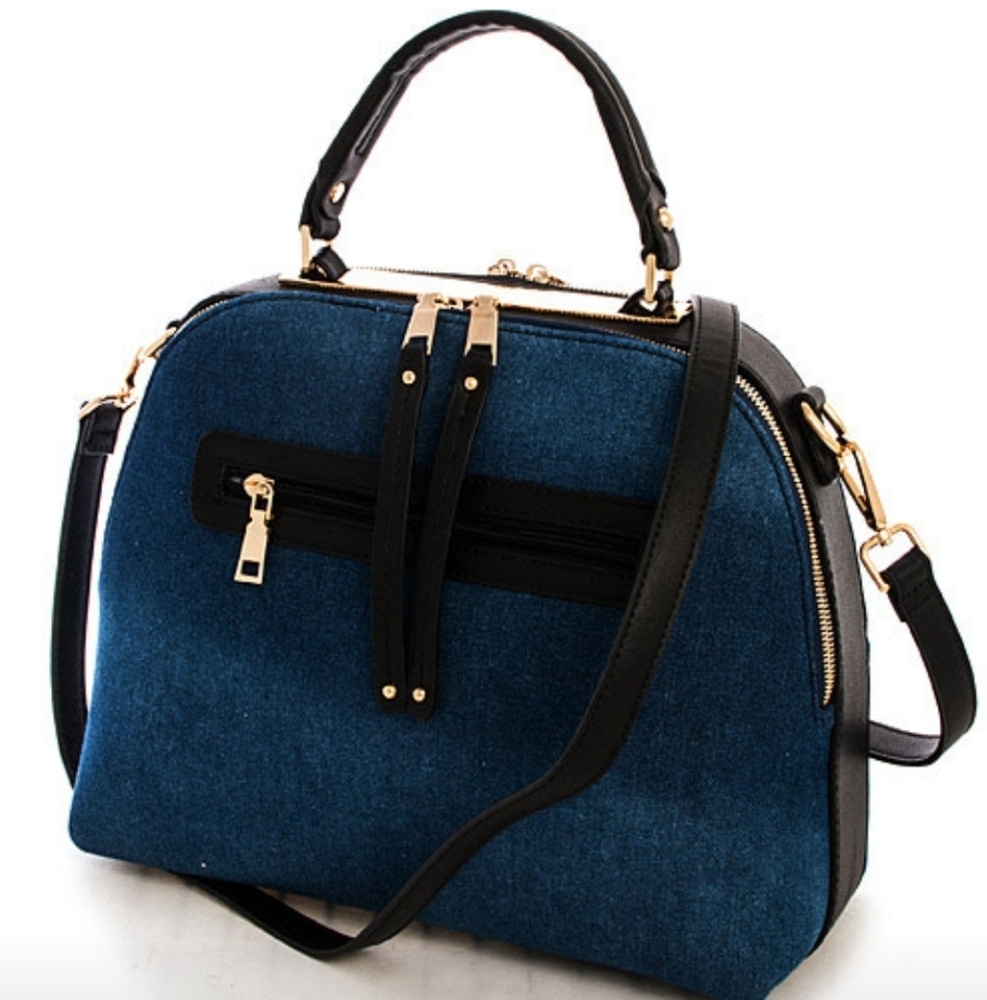 Navy Blue Denim Satchel Handbag